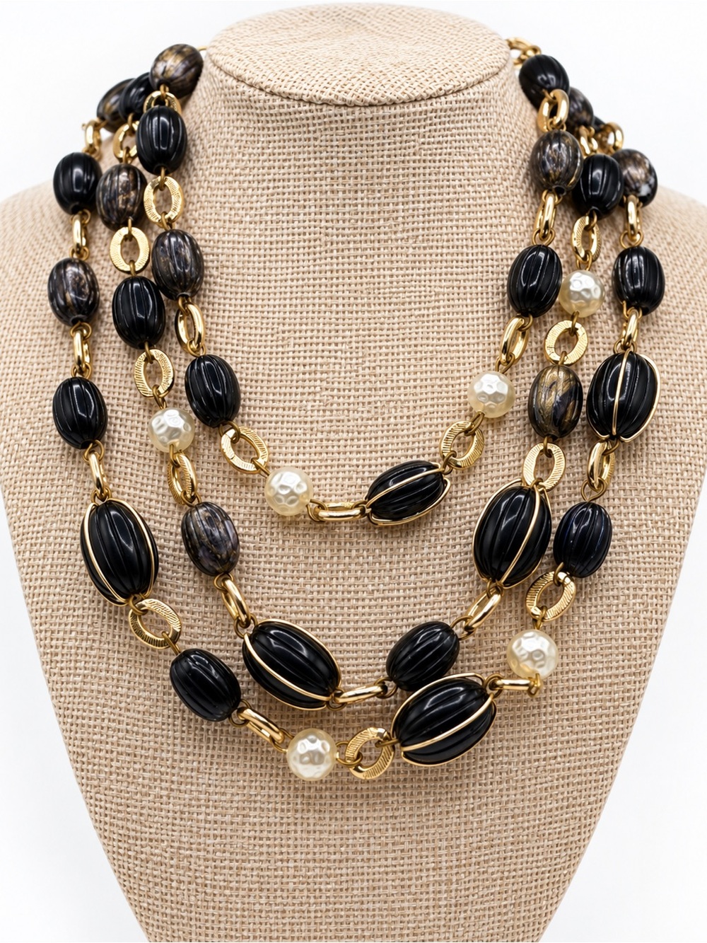 Vintage Black Multi Strand Statement Necklace Faux Pearl Gold Tone Ribbed Beads
